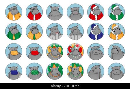 Set of cute emotions, situations of hippo. Happy, sad, angry, in love, female with lipstick, Santa hippopotamus, Happy Birthday, office clerk in shirt and tie, in mask, depression crying animal Stock Vector