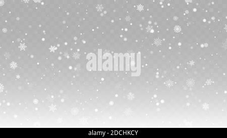 Vector heavy snowfall, snowflakes in various shapes and forms. Many white cold flakes elements on transparent background. White snowflakes fly in the Stock Vector