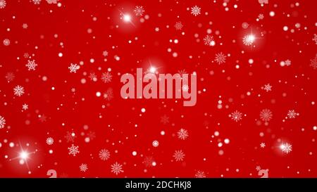Vector heavy snowfall, snowflakes in various shapes and forms. Many white cold flakes elements onfestive red background. White snowflakes fly in the Stock Vector