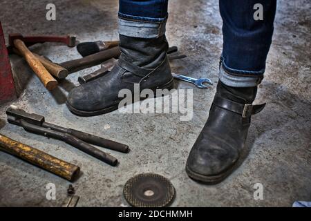 Work Tools On Table At Garage workshop. Stock Photo