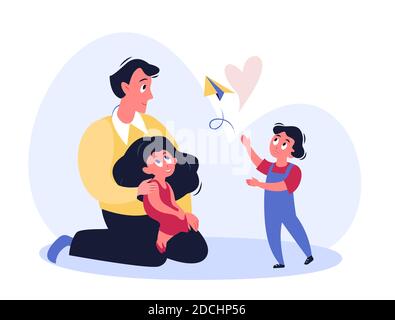 Father time vector illustration, cartoon flat family characters launch paper plane, spend happy fun time together concept isolated on white Stock Vector