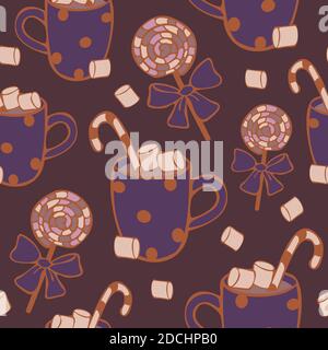 Vector seamless pattern hot drink with candies. Cocoa or coffee with lollipops pattern. Design concept for coffee shop. Stock Vector
