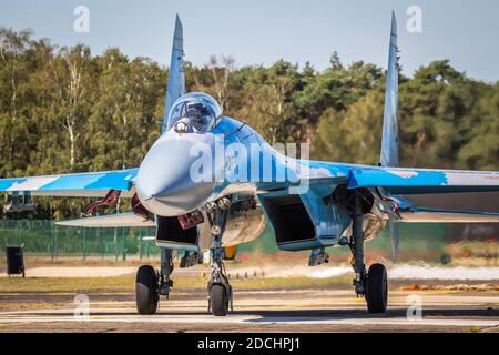 Ukrainian Air Force Sukhoi Su-27 Flanker fighter jet aircraft taxiing of the runway at Kleine-Brogel Airbase. September 14, 2019 Stock Photo