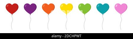 Heart balloons multicolored icons set. Vector illustration isolated on white background. Stock Vector