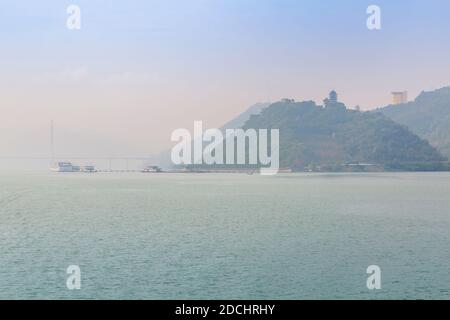 View of suspension bridge over Yangtze River at Zhongxian, Chongqing, People's Republic of China, Asia Stock Photo