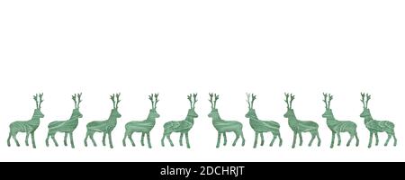 Ten green wooden reindeers isolated on white Stock Photo