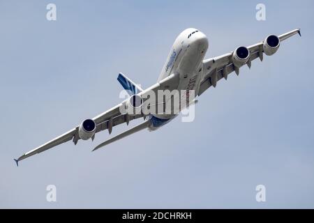 Airbus A380 passenger plane flying during the Paris Air Show. France- June 22, 2017 Stock Photo