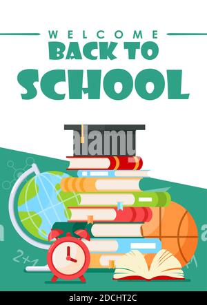 Back to school lettering vector illustration. Cartoon flat stationery, tools supplies and accessories for study in school, college or university Stock Vector