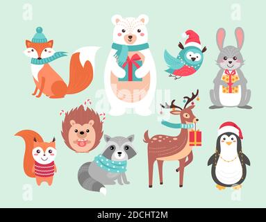 Christmas cute woodland animals vector illustration set. Funny forest xmas animal characters holding gifts and hot drink mug, wearing scarf and red Stock Vector