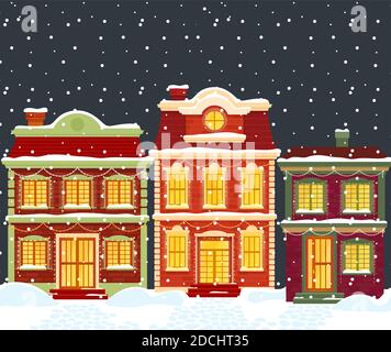 Christmas houses in cartoon winter city landscape under snow Stock Vector