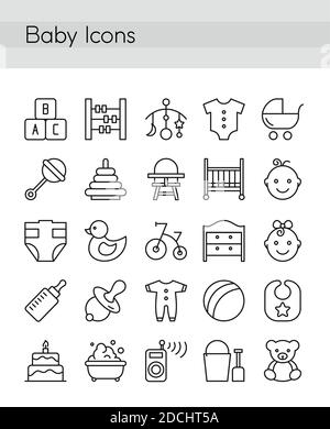 Vector illustration set of baby icons in thin line style. Web icons for social media, collection of infographic elements, motherhood and baby, Stock Vector