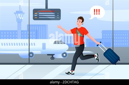 Late for plane, cartoon busy man tourist character with travel suitcase running through airport Stock Vector