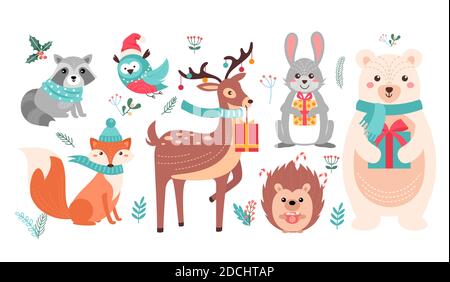 Christmas cute woodland animals set, forest xmas characters Stock Vector