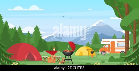 Summer camping vector illustration. Outdoor nature adventure, active tourism in summertime background. Cartoon flat tourist camp with picnic spot and Stock Vector