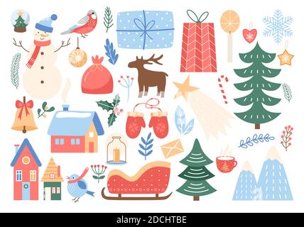 Christmas cute set, cartoon xmas design elements collection Stock Vector