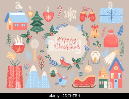 Merry Christmas, cute Xmas traditional decoration set Stock Vector