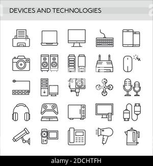 Devices icons set in thin line style isolated on white background. Modern digital technology icons collection. Stock Vector