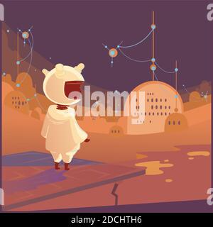 Vector illustration of astronaut on Mars. Spaceman on the other planet surface, colonization station, future travel concept in flat cartoon style. Stock Vector
