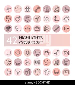 highlight vector illustration icons set. Social media collection of pink flat line covers for female account, blogger stories, lifestyle fashion Stock Vector