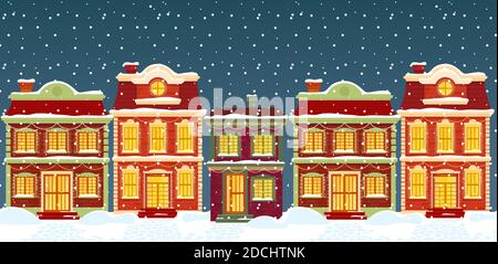 Christmas houses in cartoon winter city street under snow Stock Vector