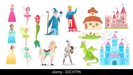 Fairy tale character set, cartoon princess, prince knight with sword, king in crown, medieval castle Stock Vector