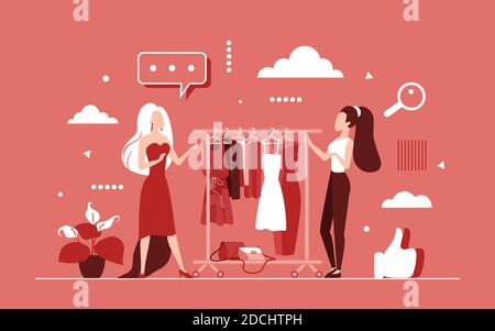 Beauty, fashion, shopping consultation concept. Woman personal stylist  cartoon character consulting customer client online. Wardrobe parsing  choice of clothes outfit and sorting apparel illustration Stock Vector  Image & Art - Alamy