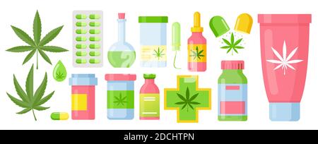 Cannabis medicine cartoon marijuana set with hemp oil glass bottle, cannabis extracts and leaves Stock Vector