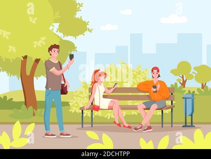 Summer city park with people, cartoon young friends sitting on bench in city park with smartphones Stock Vector