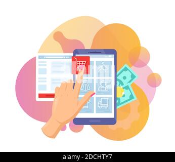Buy in online shop, cartoon woman hand touches button with shopping cart on smartphone screen Stock Vector