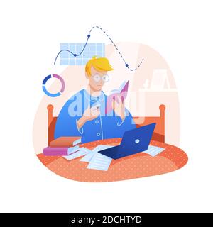 Study, work at home flat vector illustration, cartoon young man student character studying from books, doing homework on laptop notebook isolated on Stock Vector