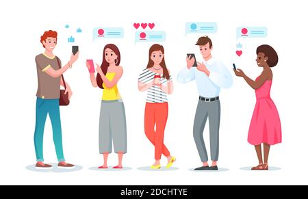 Chat internet communication set, cartoon young people chatting in social media messenger phone app Stock Vector