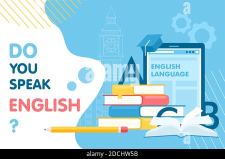 Learn English thin line vector illustration for website interface design, books for student learning language, school infographic education concept Stock Vector