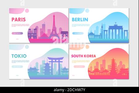 Travel tourism concepts set, cartoon cityscape with famous architecture buildings for tourists Stock Vector