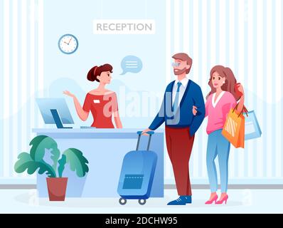 Hotel reception with people, receptionist registration desk Stock Vector