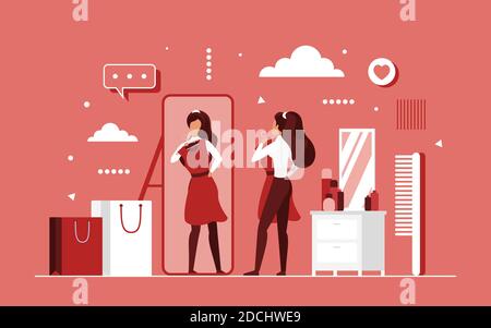 Try on fashion clothes concept vector illustration. Cartoon beautiful fashionable woman character trying on trendy dress in front of mirror in home wardrobe after shopping, choose outfit background Stock Vector