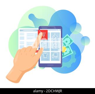 Shopping online service, cartoon buyer man hand with smartphone, buying in online virtual store Stock Vector