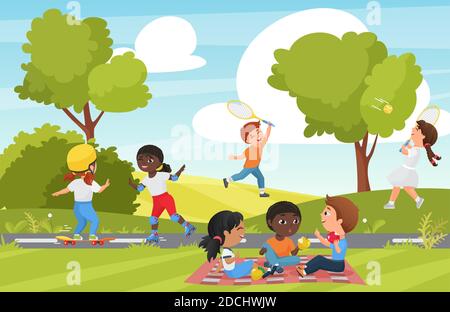 Children play in summer park vector illustration. Cartoon group of little kids playing badminton, happy child skating and skateboarding in playground of recreation park or garden landscape background Stock Vector