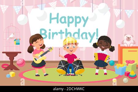 Kids celebrate birthday party vector illustration. Cartoon group of happy children musicians play music on musical instruments, friends celebrating fun birth date. Party invitation card background Stock Vector