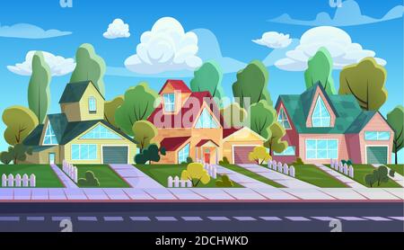 Houses on street of suburb town vector illustration. Cartoon urban townscape with comic exterior of cottage family houses, village asphalt road and sidewalk, streetscape neighbourhood background Stock Vector