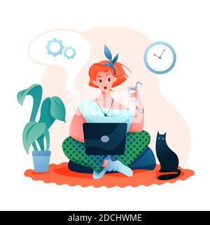 Freelance remote work flat vector illustration, cartoon beautiful young woman character working online in cozy home room apartment isolated on white Stock Vector