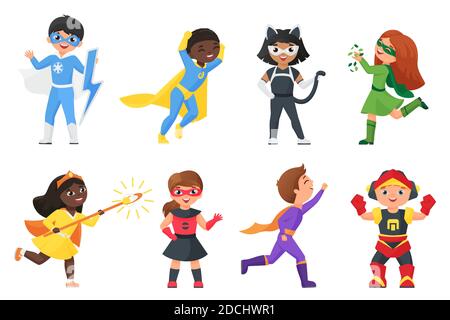 Super hero kids vector illustration set. Cartoon children superheroes collection with cute girl and boy child character wearing funny colorful costumes and masks for carnival party isolated on white Stock Vector