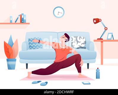 Home yoga practice flat vector illustration, cartoon happy man character practicing yogi asana exercises in home living room interior background Stock Vector