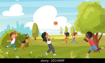 Kids play in summer park vector illustration. Cartoon child training pet dog, children have fun, running and playing with ball on green grass field, outdoor sport activity in childhood background Stock Vector