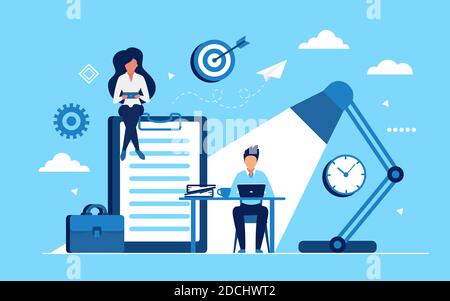 Business people make money vector illustration. Cartoon characters sitting at workplace table in home or office, working on laptop and planning time to solve business work task concept flat background Stock Vector