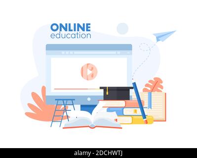 Online education app concept with cartoon study objects Stock Vector