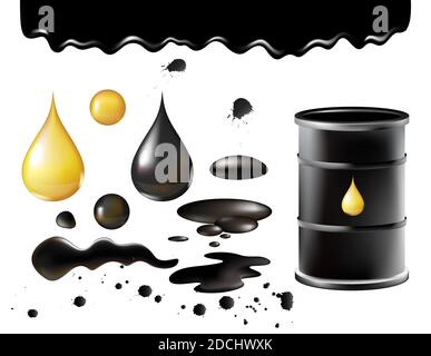 Petrol symbols vector illustration, oil black realistic black metal barrel with golden drop, petroleum industry objects isolated on white Stock Vector