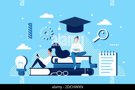 People read and study, education concept vector illustration. Cartoon student characters reading books, ebooks or textbooks, creative educational background for distance learning, online courses Stock Vector