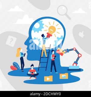 Load creative idea concept vector illustration. Cartoon tiny people group uploading new idea light bulb, creating inspiration data for thinking in human brain, abstract big head of person background Stock Vector