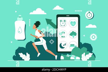 Cardio sport training workout, healthy lifestyle concept vector illustration. Cartoon mobile app for active runner athlete on smartphone screen and woman character jogging, running in park background Stock Vector