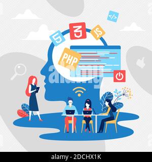 Coding teamwork concept vector illustration. Cartoon programmer team of people work, study of computer science, create code of programming language next to abstract man head silhouette background Stock Vector